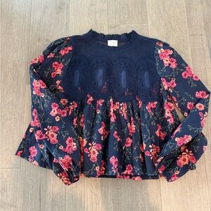 Chic Navy and Pink Floral Blouse